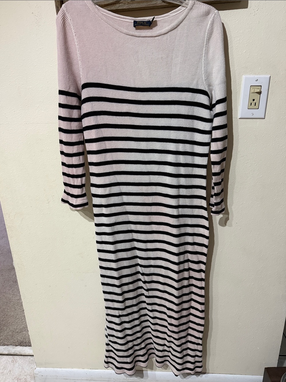Polo by Ralph Lauren White and Black Waffle Knit 100% Cotton Striped Maxi Dress